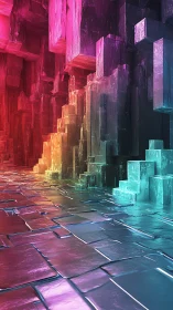 Prismatic crystal corridor forms luminous geometric landscape