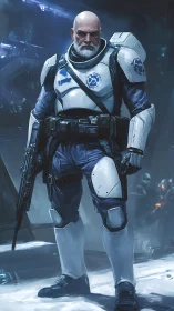 Veteran sci fi commando in reinforced white combat exosuit