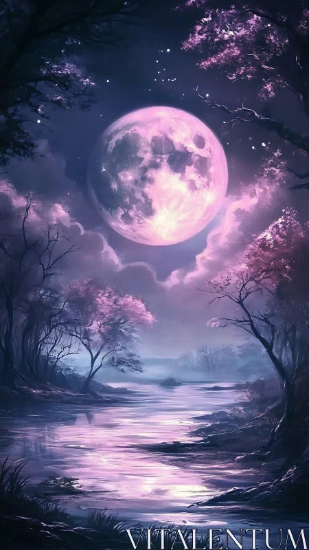 Luminescent magenta moon over reflective river in stylized forest