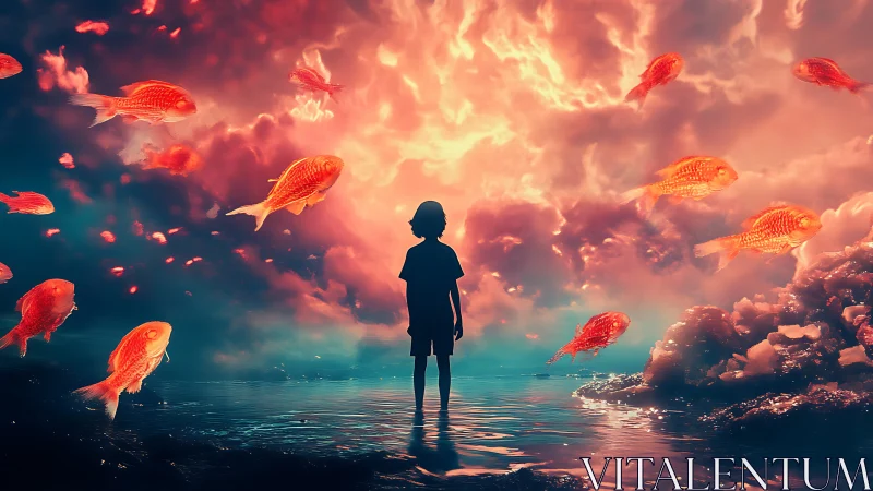 Silhouetted child in shallow water with floating orange fish.