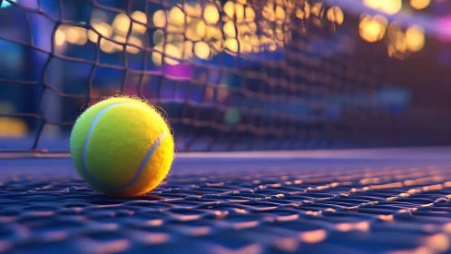 Neon dusk tennis ball close-up on synthetic mesh court surface