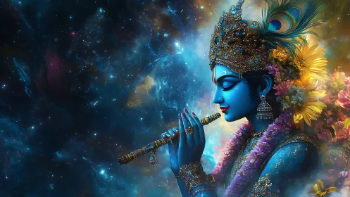 Cosmic blue flute player wrapped in flowers and starlight.
