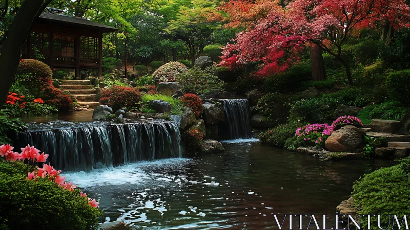 Tiered koi pond waterfall frames structured Japanese garden pavilion