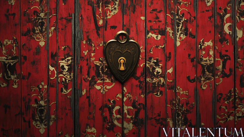 Heart shaped lock on distressed red patterned wooden door.
