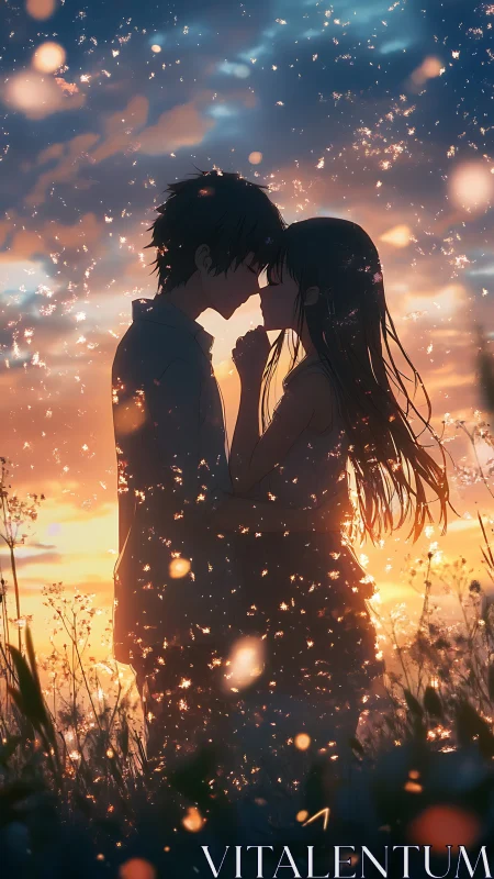 Sunset sparks drift as two silhouettes invent their forever