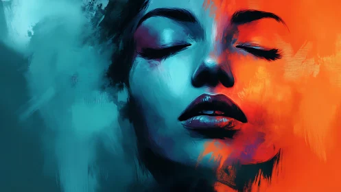 Dual-color portrait merges serenity, fire, and frozen calm.