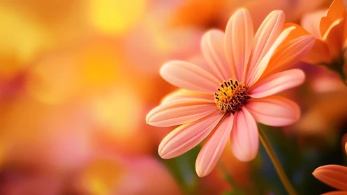 Coral Gerbera Daisy with Golden Stamen and Soft Bokeh Background.