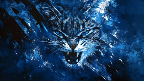 Fierce blue digital painting of roaring wild cat head