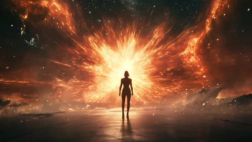 Silhouette before large cosmic energy burst in space.