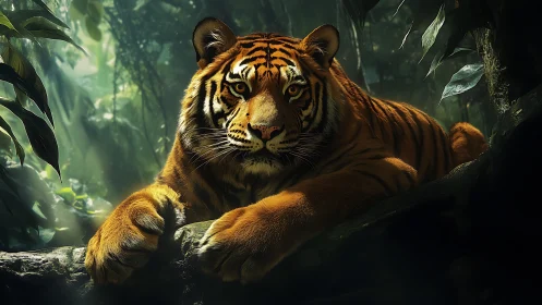 Low-key lit tiger resting on mossy log in dense rainforest canopy