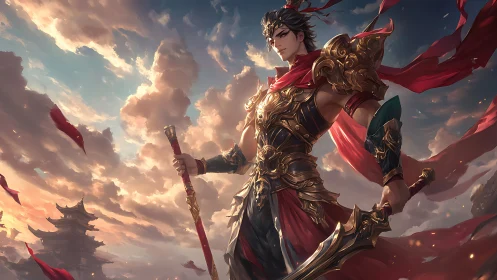 Armored warrior with spear under dramatic clouded sky.