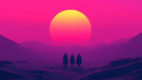 Neon desert pilgrims cross violet dunes at colossal sun