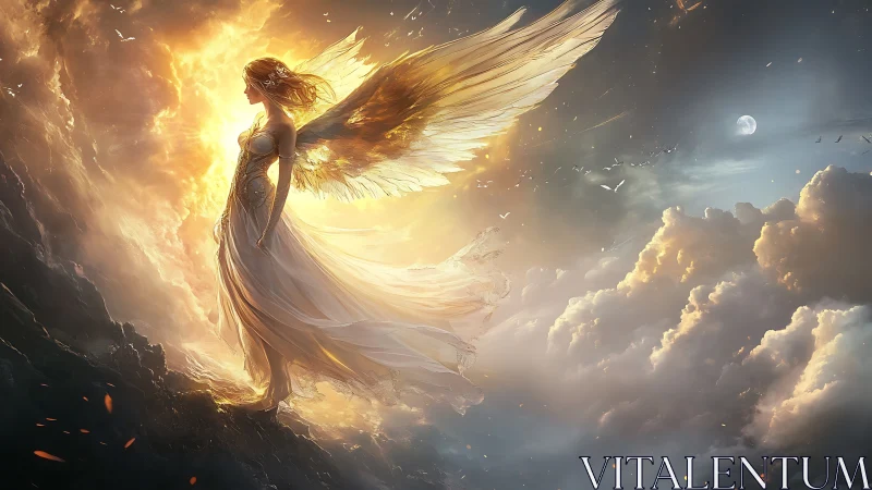 Winged female figure in luminous sky over cloud bank.