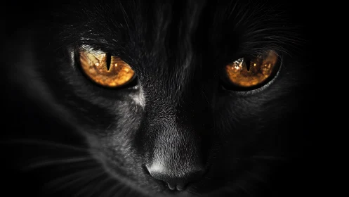 Close frontal view isolates a black cat&rsquo;s reflective eyes
