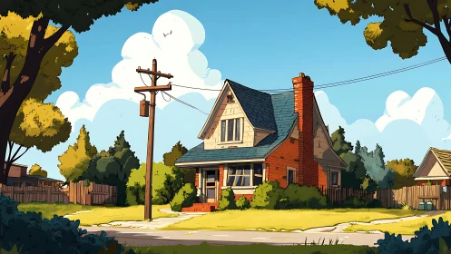 Sunny suburban cottage stands under clear blue afternoon sky