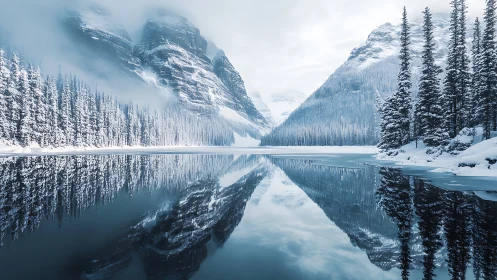 Snowbound alpine lake mirroring conifer forest and peaks.