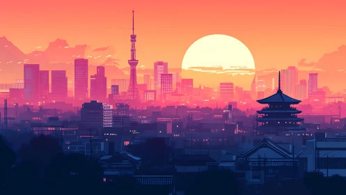 Neon sunset descends over futuristic Tokyo city skyline