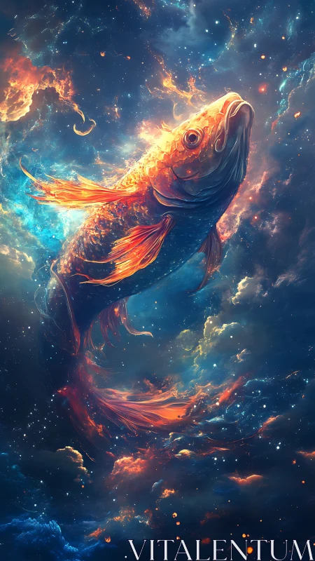Celestial koi glides gently through glowing cosmic waters