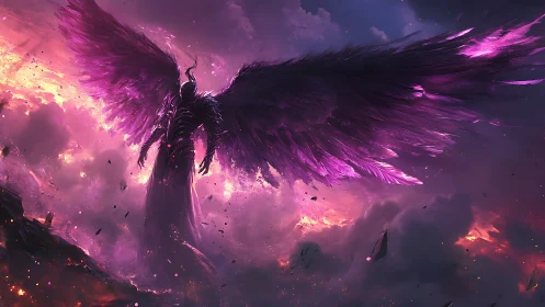 Winged void sentinel over incandescent storm horizon.