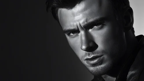 Moody black and white close-up portrait of intense man.