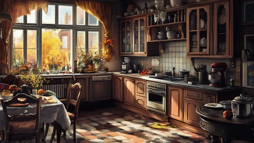 Sunlit rustic kitchen captures warm autumn light indoors