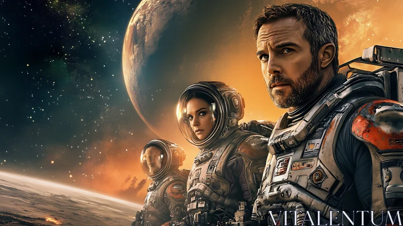 Astronaut crew stands vigilant beneath a glowing alien world