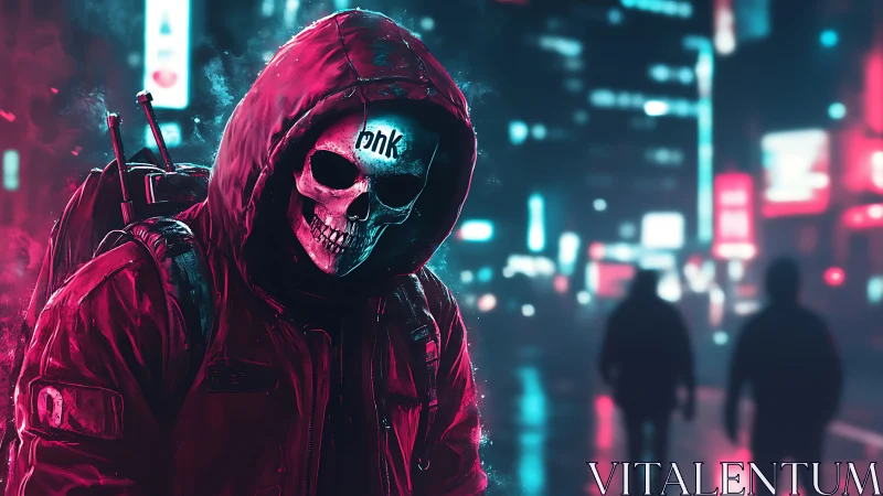 Hooded skull mask figure walks through neon city street