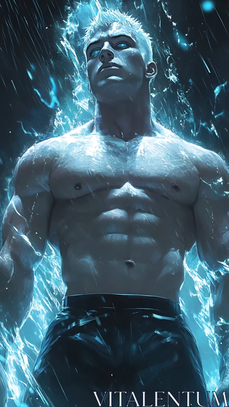 Muscular white‑haired man stands in glowing blue energy field