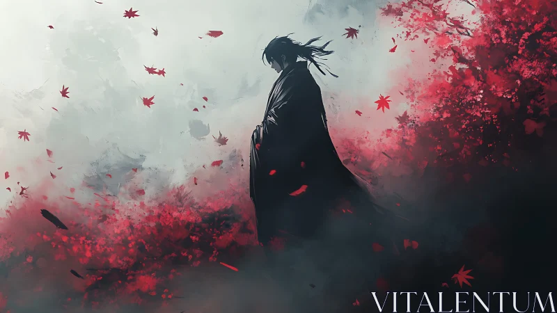 Solitary cloaked figure stands amid red leaves and mist