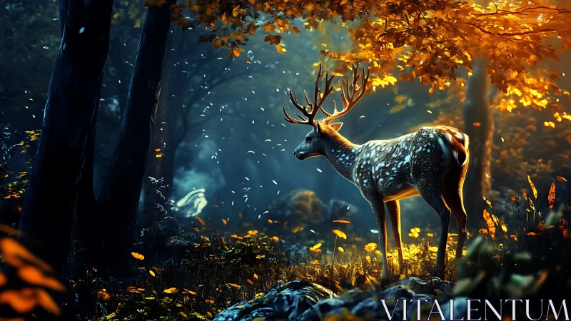 Backlit stag in high-contrast forest clearing with volumetric rays