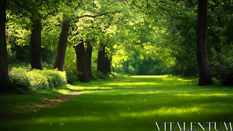 Sunlit tree tunnel leading toward a quiet green escape.