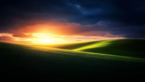 Sunset gradient illuminates rolling hills with dramatic chiaroscuro