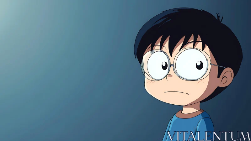 Wide-eyed boy in blue pauses inside a quiet twilight hush.