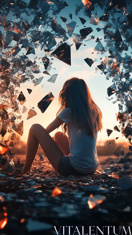 Girl adrift in a storm of glowing sunset glass shards.