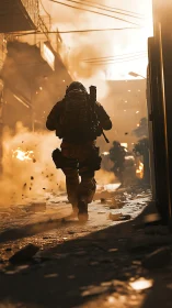 Soldier runs through burning urban street under heavy fire.