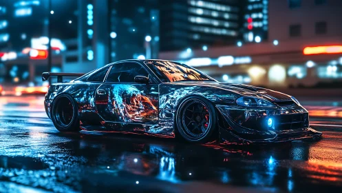 Widebody tuner coupe with reflective neon bodywork rendered in 3D