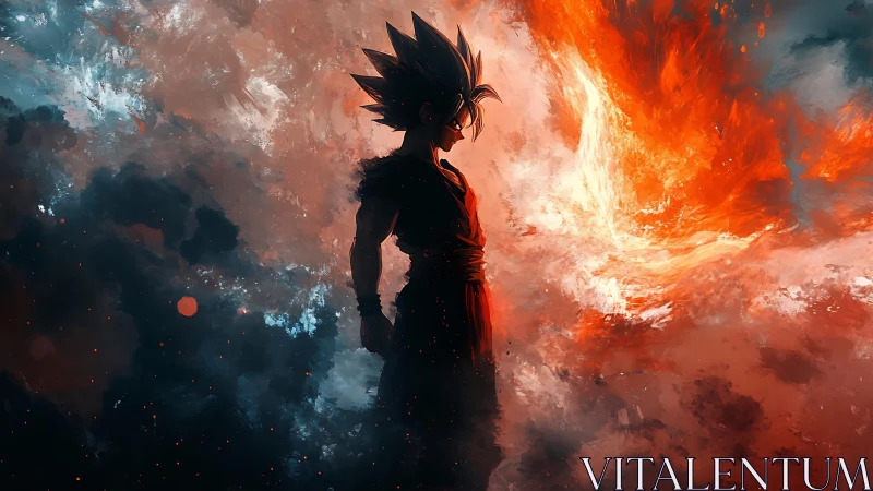 Silhouetted warrior studies turbulent red-blue elemental vortex field