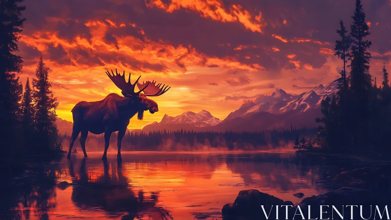 Moose in molten sunset light beside quiet mountain lake.