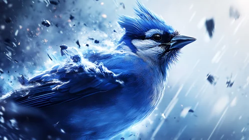 Blue songbird rendered in dynamic icy digital motion