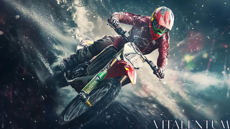 Motocross rider carving dynamic turn through storm spray.