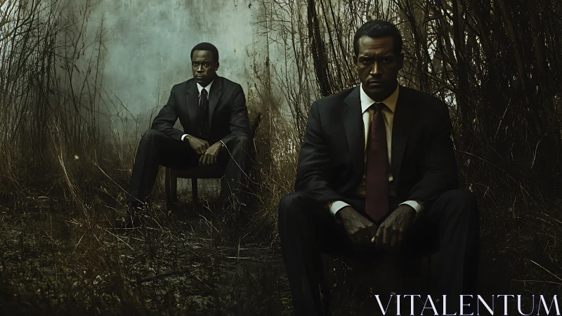 Brooding businessman duplicates sit in overgrown wasteland