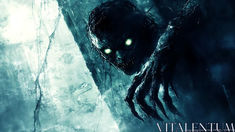 Spectral wraith emerging from icy abyss with luminous eyes