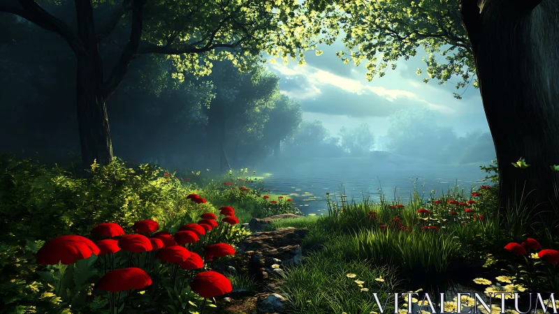 Forest Lakeside Glade with Luminous Red Poppies and Atmospheric Light.
