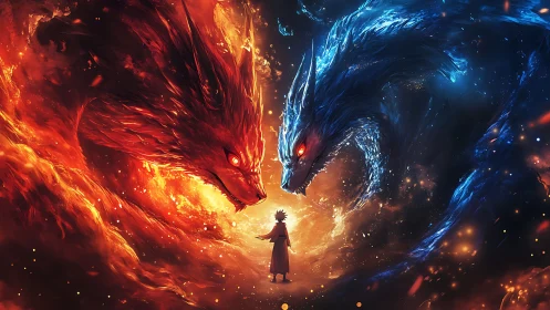 Human figure between opposing fire and ice wolf forms.