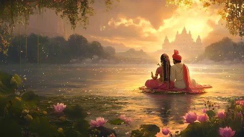 Lotus raft drifts toward a sunlit temple of distant vows