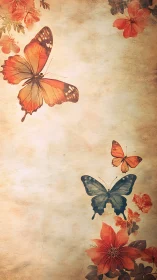 Butterflies and orange flowers on vintage textured background.
