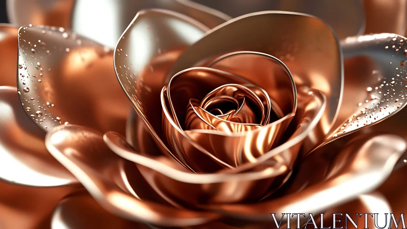 Metallic copper rose macro with liquid droplet highlights.