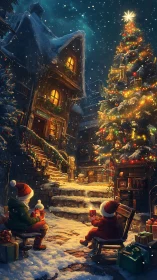 Snowlit village stairway where Christmas stories glow bright.