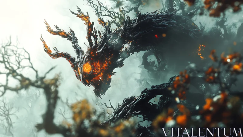 Twisted ember dragon rising through haunted forest mists.
