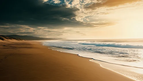Golden shoreline glows softly under dramatic evening sky